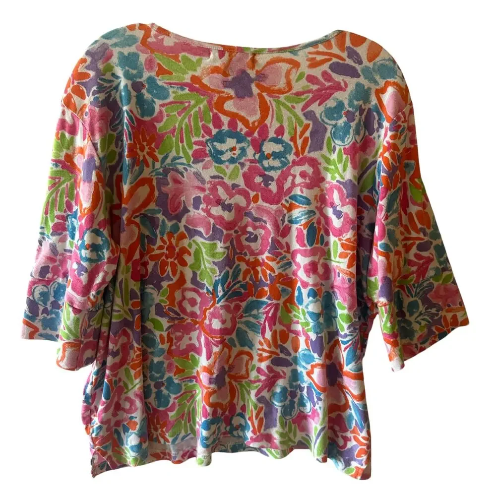 Lauren Ralph Lauren Artsy Floral Top Womens Size 3X Colorful 3/4 Sleeve Knit Tee